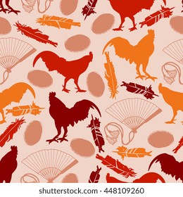 Seamless pattern with roosters, fans, eggs and feathers. Vector abstract background