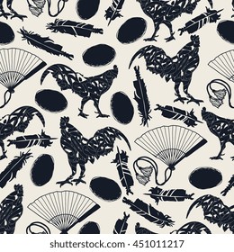 Seamless pattern with roosters, fans, eggs and feathers. Vector abstract background