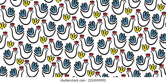 Seamless pattern with roosters and flowers hand drawn in doodle style. Vector repeated background of flora and fauna.