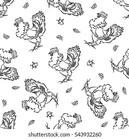 Seamless pattern with Roosters. Free hand drawing.