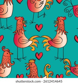 Seamless pattern with roosters and hearts. Vector illustration.