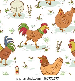 Seamless pattern with roosters and hens