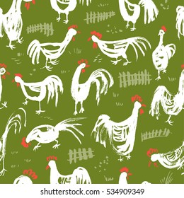 Seamless pattern with roosters. Ink artistic drawing with cocks and fence in rural scene. Vector illustration in doodle incomplete style with domestic chicken birds