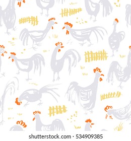 Seamless pattern with roosters. Ink artistic drawing with cocks and fence in rural scene. Vector illustration in doodle incomplete style with domestic chicken birds