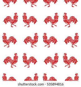 Seamless pattern with roosters made of floral ornament. Red cocks isolated on a white background.
