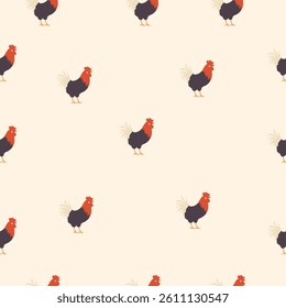 Seamless pattern roosters on a light beige background. Farm animal design in flat vector style