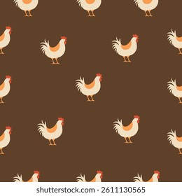 Seamless pattern roosters on a light beige background. Farm animal design in flat vector style