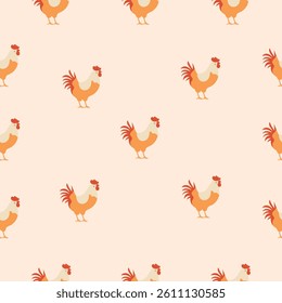 Seamless pattern roosters on a light beige background. Farm animal design in flat vector style