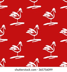 Seamless pattern with roosters on the red background. Element of design for packaging products from hens printed pattern for fabric or paper. The symbol of the year 2017 on the eastern calendar.