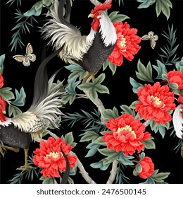 Seamless pattern with roosters and peonies flowers. Vector