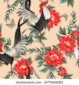Seamless pattern with roosters and peonies flowers. Vector