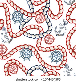 Seamless pattern with rope, anchor and steering wheel for fabric design