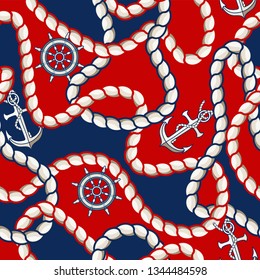 Seamless pattern with rope, anchor and steering wheel for fabric design