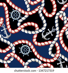 Seamless pattern with rope, anchor and steering wheel for fabric design