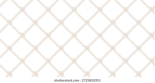 Seamless pattern with rope with sailor knots. Marine background with cord net. Outline seamless pattern with intertwined brown twine, vector illustration