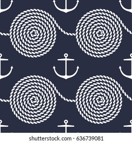 Seamless pattern with rope spirals and anchors. Yacht style design. String textured background. Template for prints, wrapping paper, fabrics, covers, flyers, banners, posters and placards. Vector.