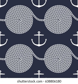 Seamless pattern with rope spirals and anchors. Yacht style design. String textured background. Template for prints, wrapping paper, fabrics, covers, flyers, banners, posters and placards. Vector.