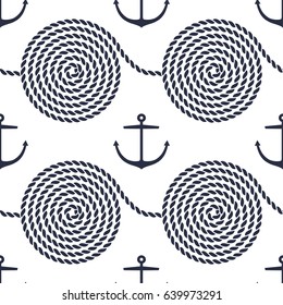 Seamless pattern with rope spirals and anchors. Yacht style design. String textured background. Template for prints, wrapping paper, fabrics, covers, flyers, banners, posters and placards. Vector.