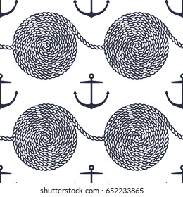 Seamless pattern with rope spirals and anchors. Yacht style design. String textured background. Template for prints, wrapping paper, fabrics, covers, flyers, banners, posters and placards. Vector.