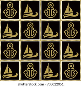 Seamless pattern with ropes anchors and boats. Ongoing backgrounds of marine theme.