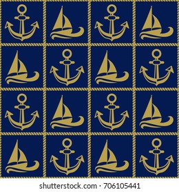 Seamless pattern with ropes anchors and boats. Ongoing backgrounds of marine theme.