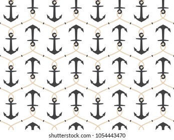 Seamless pattern with ropes and anchors. Marine theme.
