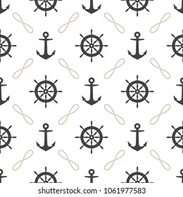 Seamless pattern with ropes, anchors and rudder. Marine theme.