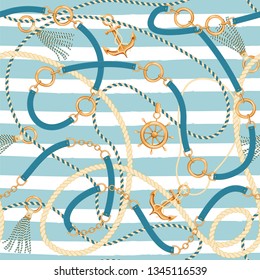 Seamless pattern with ropes, belts, tassels, ship wheel and anchor. Marine striped background. Trendy print for textile, wrapping paper, scarf, web background. Vector illustration.