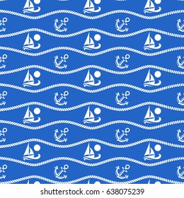Seamless pattern with ropes and boats. Ongoing backgrounds of marine theme.