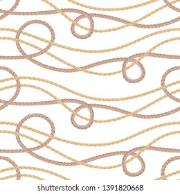 Seamless pattern with ropes isolated on white background. Vector illustration of cords in cartoon simple flat style. String knot twisted ornament.