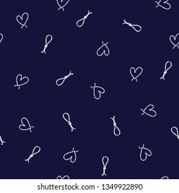Seamless pattern ropes and knots in the heart shape. Vector random repeating design for fashion,fabric,web,wallpaper and all prints on navy blue background color
