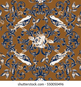  seamless pattern with rose and birds in old style