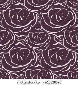 Seamless pattern with rose blossoms on a purple background. Simple vintage floral background for print on fabric, textile, wallpaper. Ornament with painted pink flowers Vector illustration