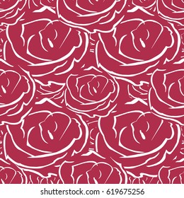 Seamless pattern with rose blossoms on a maroon background. Simple vintage floral background for print on fabric, textile, wallpaper. Ornament with painted pink flowers Vector illustration
