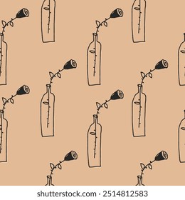 Patrón sin fisuras con rosa en una botella. flor en un jarrón. Plantilla para las cubiertas del cuaderno, modelo para los Fondos de pantalla, materia textil, papel de embalaje. Diseño infantil ingenuo, estilo de Arte vectorial doodle.