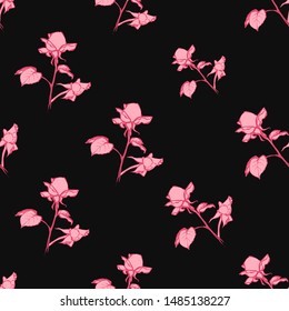 Seamless pattern with rose branch. Floral pink line art flower tracery on black background.