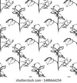 Seamless pattern with rose branch. Floral black line art flower tracery on white background.