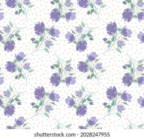 Seamless  pattern with rose buds and leaves on beige dotted background.Seamless pattern of beautiful purple roses.