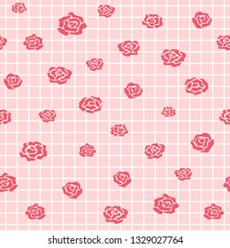 Seamless pattern with rose buds on grid plaid