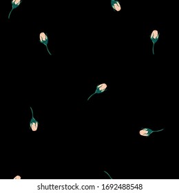 Seamless pattern with rose buds on a black background. Vector texture in black, white and green colors.
Print for textiles, fabrics, backgrounds, accessories, wrapping paper, wallpaper.