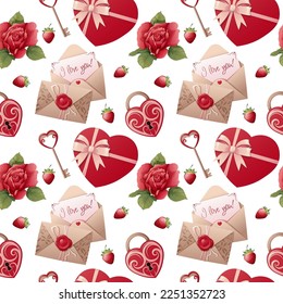 Seamless pattern with rose, castle, gift, strawberry, love letter. Romance, valentine's day. Great for wrapping paper, textiles, wallpapers.