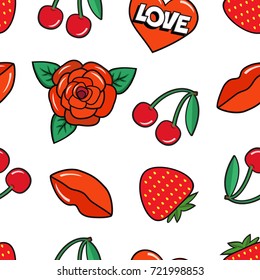 Seamless pattern with rose, cherry, strawberry, lips and heart on white background.  Fashion patches and stickers. Vector illustration.