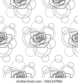 Seamless pattern with rose and circles on white background