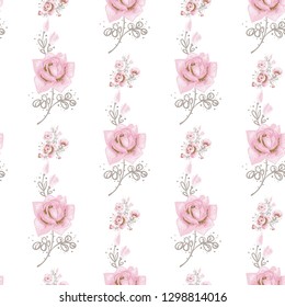 Seamless pattern with rose flower and branch. Hand drawn vector sketch for decoration ballet dance school promo ads and flyers. Pinky vintage watercolor flowers on white background.