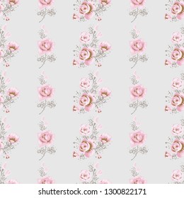 Seamless pattern with rose flower and branch. Hand drawn vector sketch for decoration ballet dance school promo ads and flyers. Pinky vintage watercolor flowers on white background.