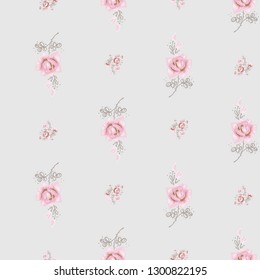 Seamless pattern with rose flower and branch. Hand drawn vector sketch for decoration ballet dance school promo ads and flyers. Pinky vintage watercolor flowers on white background.