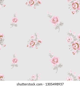 Seamless pattern with rose flower and branch. Hand drawn vector sketch for decoration ballet dance school promo ads and flyers. Pinky vintage watercolor flowers on white background.