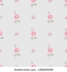 Seamless pattern with rose flower and branch. Hand drawn vector sketch for decoration ballet dance school promo ads and flyers. Pinky vintage watercolor flowers on white background.