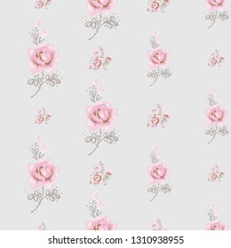 Seamless pattern with rose flower and branch. Hand drawn vector sketch for decoration ballet dance school promo ads and flyers. Pinky vintage watercolor flowers on white background.