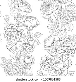 Seamless pattern of rose flower for fabric design. Luxurious line art of spring flowers. Vector illustration.